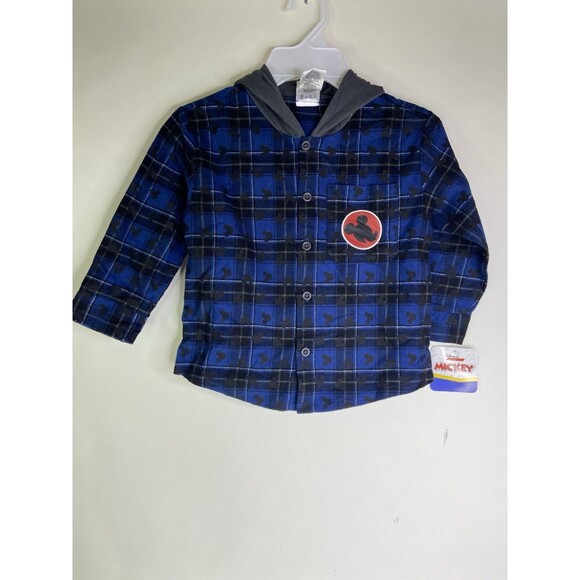 Disney Mickey Mouse Flannel Long Sleeve Button Up Hooded Shirt Top Kids Boys 3T - Picture 1 of 9